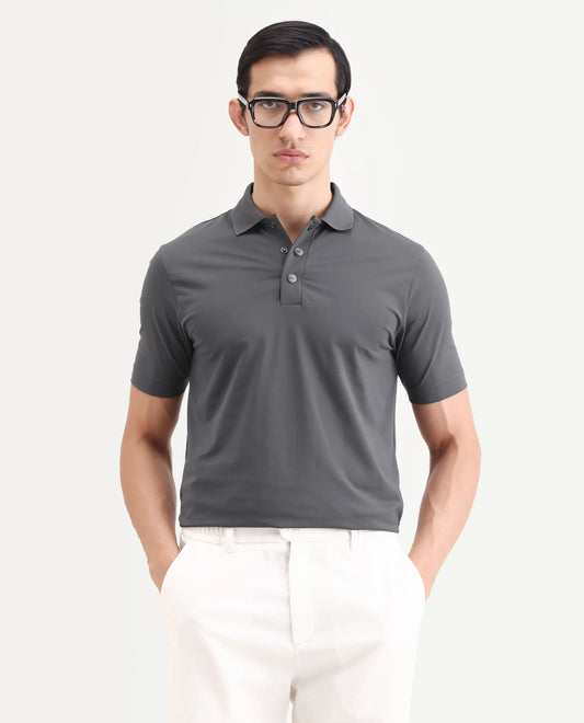 Rare Rabbit Men's Tang-S26 Grey Cotton Blend Fabric Half Sleeve Spread Collar Regular Fit Plain Polo