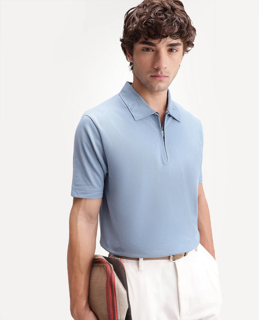 Rare Rabbit Men's Thero-S26 Dusky Blue Cotton Blend Fabric Half Sleeve Spread Collar Regular Fit Plain Polo