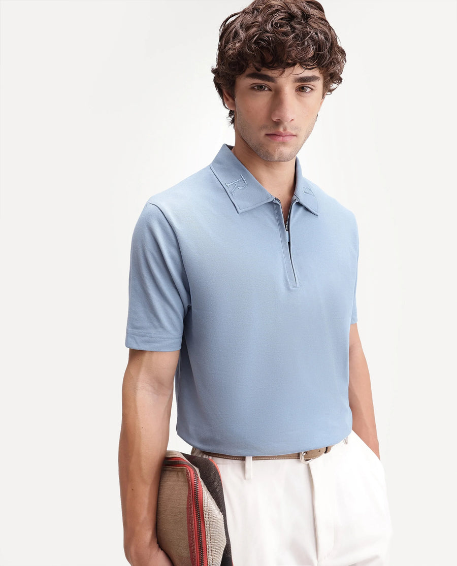 Rare Rabbit Men's Thero-S26 Dusky Blue Cotton Blend Fabric Half Sleeve Spread Collar Regular Fit Plain Polo