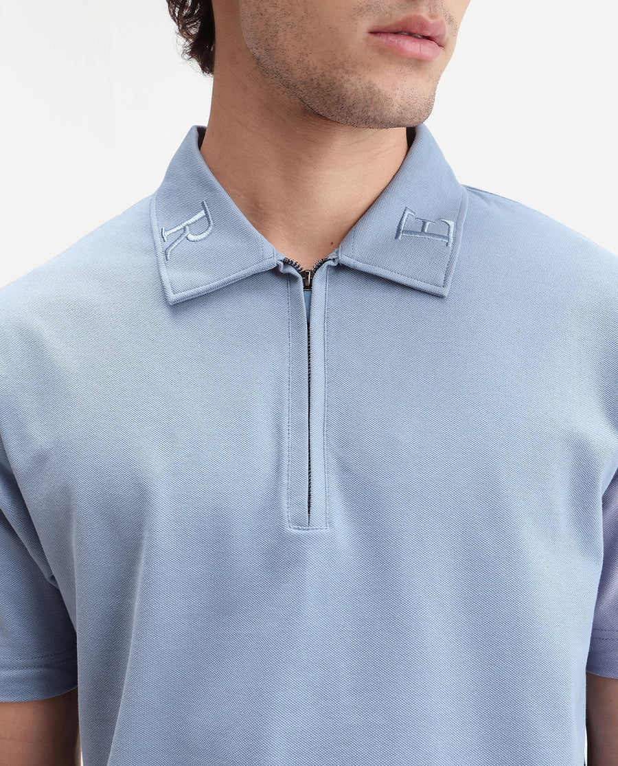 Rare Rabbit Men's Thero-S26 Dusky Blue Cotton Blend Fabric Half Sleeve Spread Collar Regular Fit Plain Polo