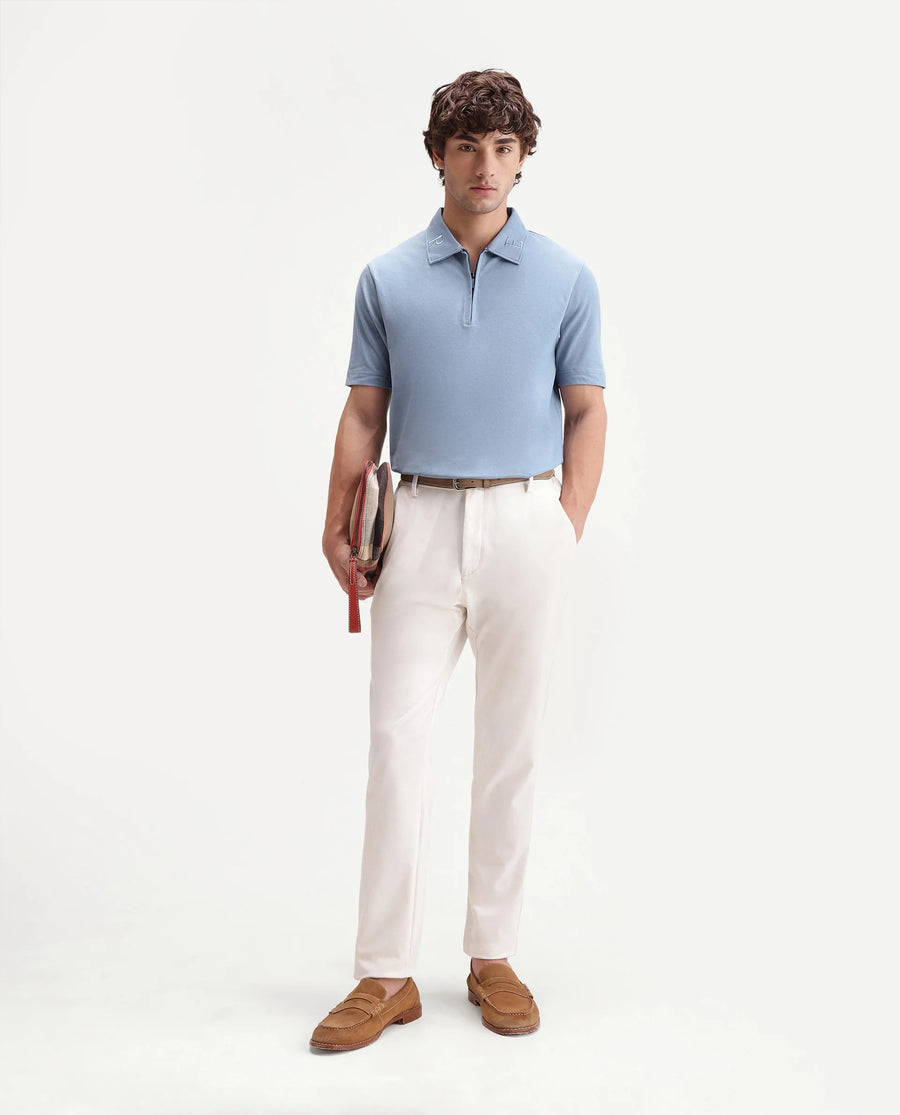Rare Rabbit Men's Thero-S26 Dusky Blue Cotton Blend Fabric Half Sleeve Spread Collar Regular Fit Plain Polo