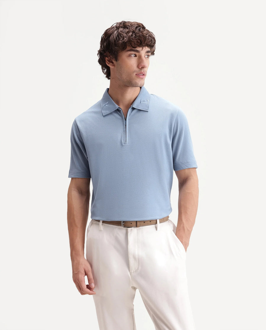 Rare Rabbit Men's Thero-S26 Dusky Blue Cotton Blend Fabric Half Sleeve Spread Collar Regular Fit Plain Polo