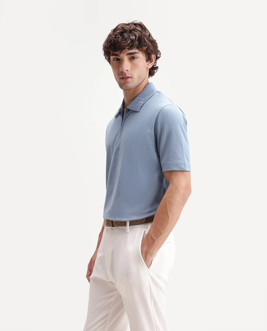 Rare Rabbit Men's Thero-S26 Dusky Blue Cotton Blend Fabric Half Sleeve Spread Collar Regular Fit Plain Polo