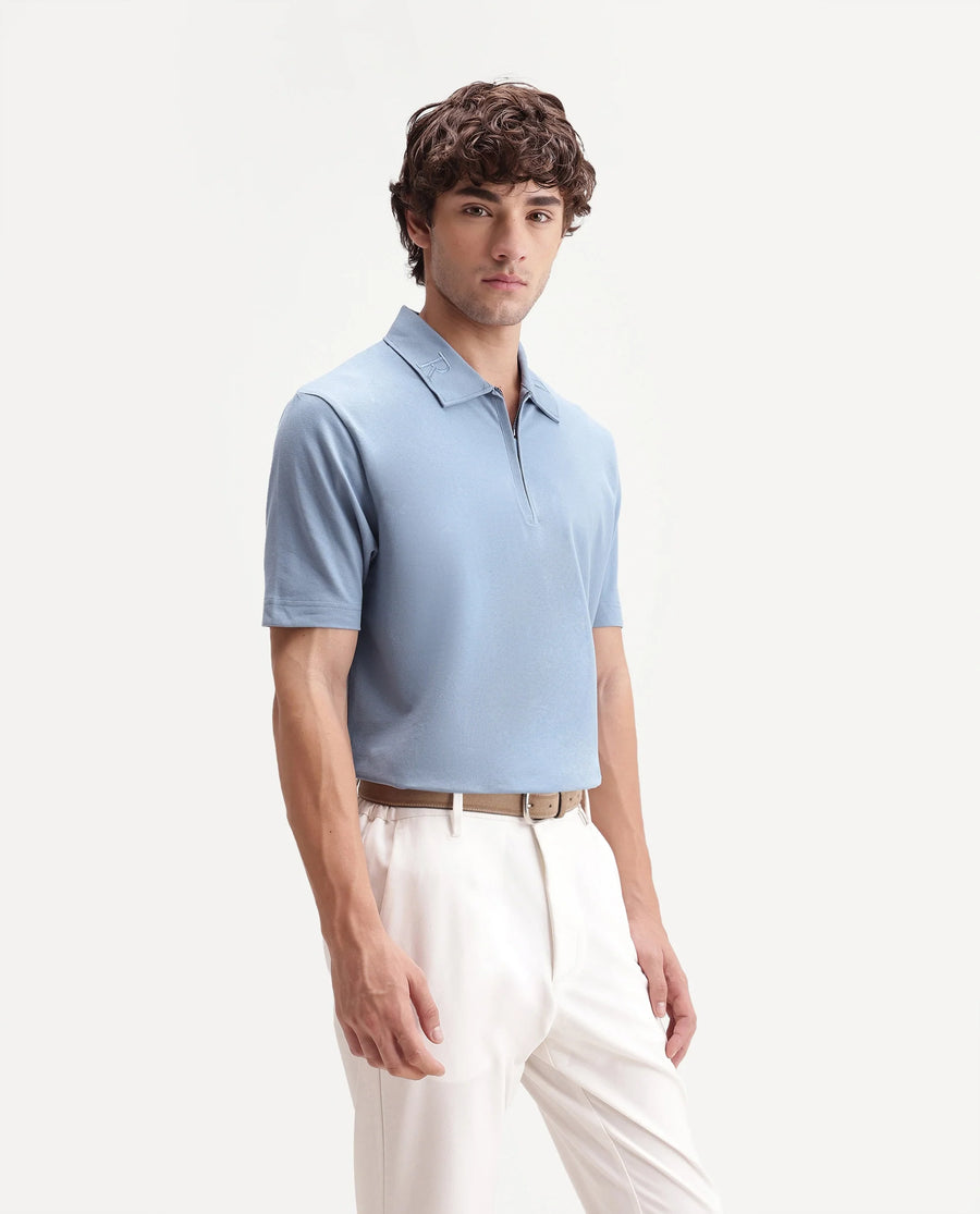 Rare Rabbit Men's Thero-S26 Dusky Blue Cotton Blend Fabric Half Sleeve Spread Collar Regular Fit Plain Polo