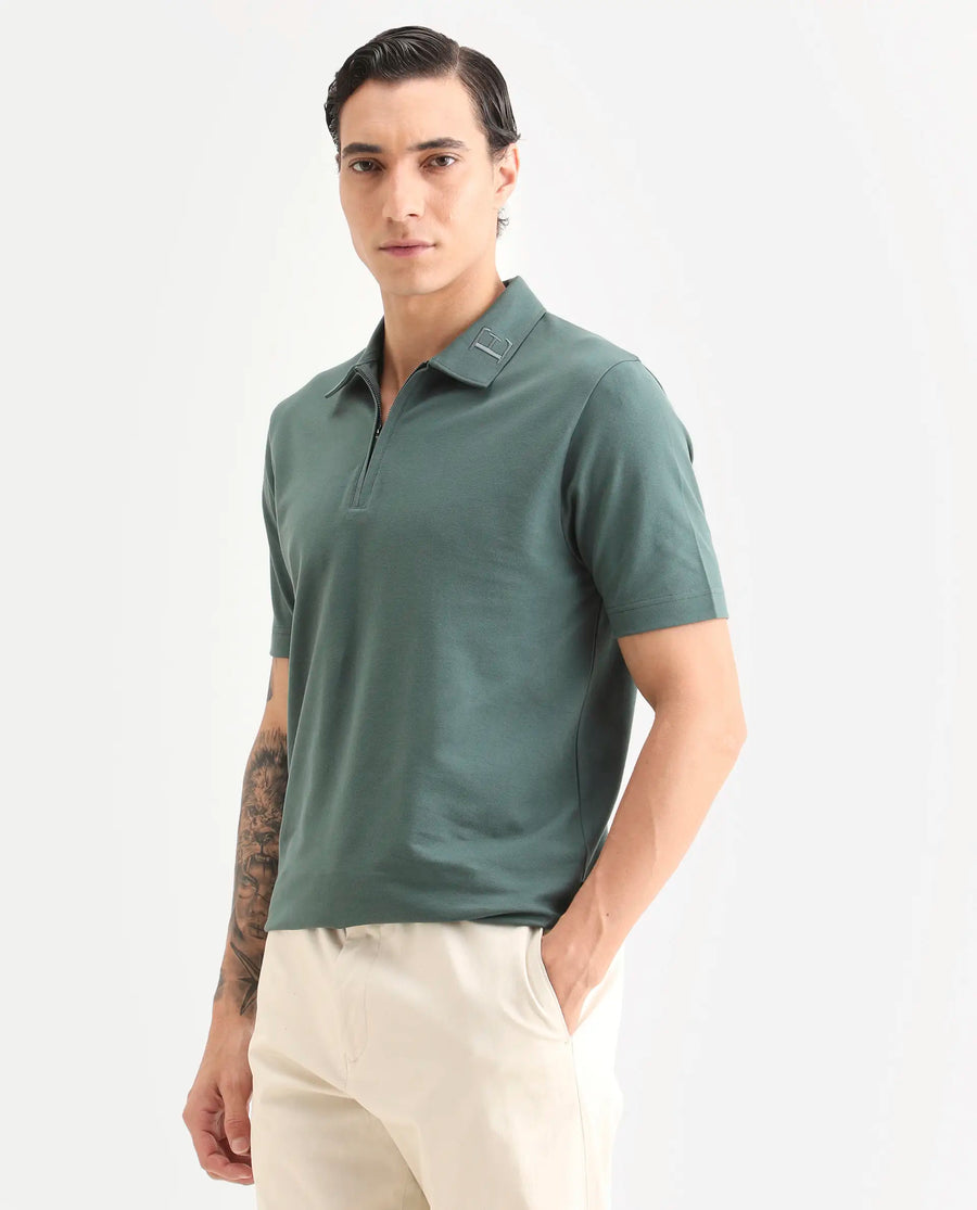Rare Rabbit Men's Thero-S26 Dusky Green Cotton Blend Fabric Half Sleeve Spread Collar Regular Fit Plain Polo