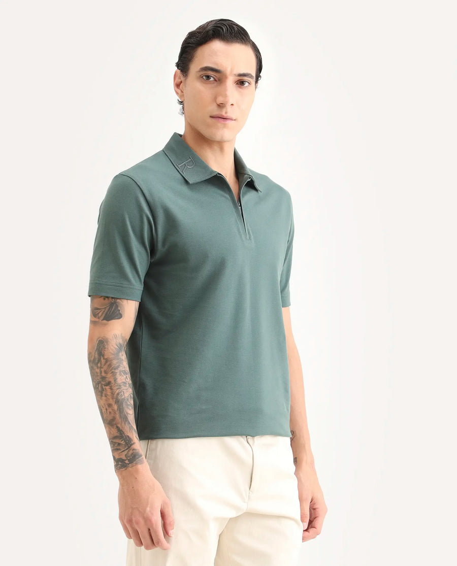 Rare Rabbit Men's Thero-S26 Dusky Green Cotton Blend Fabric Half Sleeve Spread Collar Regular Fit Plain Polo