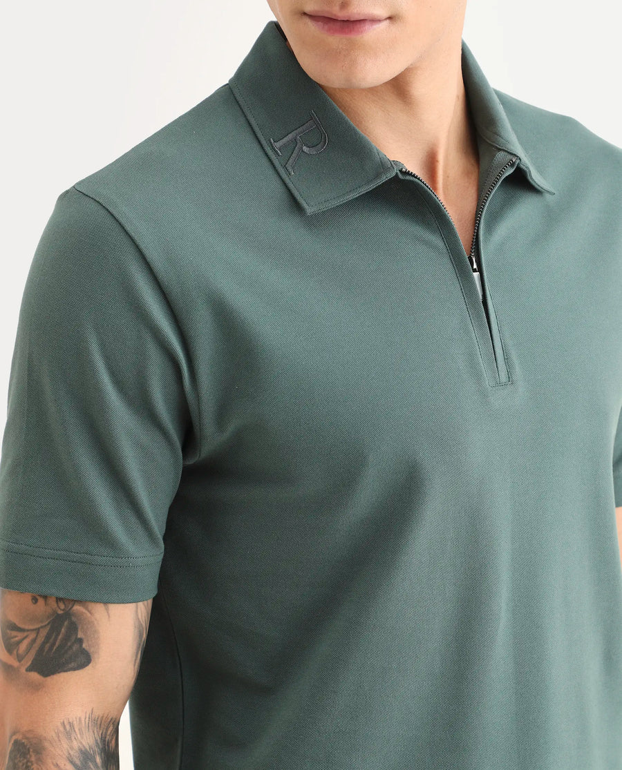 Rare Rabbit Men's Thero-S26 Dusky Green Cotton Blend Fabric Half Sleeve Spread Collar Regular Fit Plain Polo