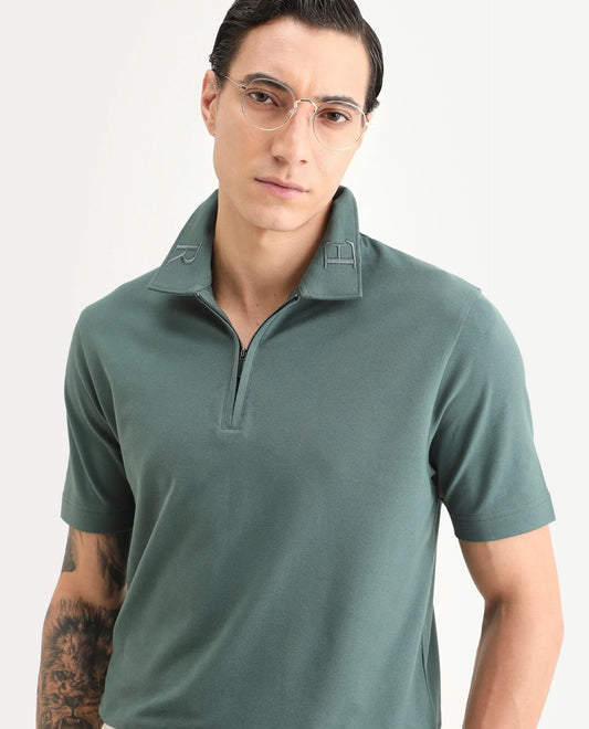 Rare Rabbit Men's Thero-S26 Dusky Green Cotton Blend Fabric Half Sleeve Spread Collar Regular Fit Plain Polo
