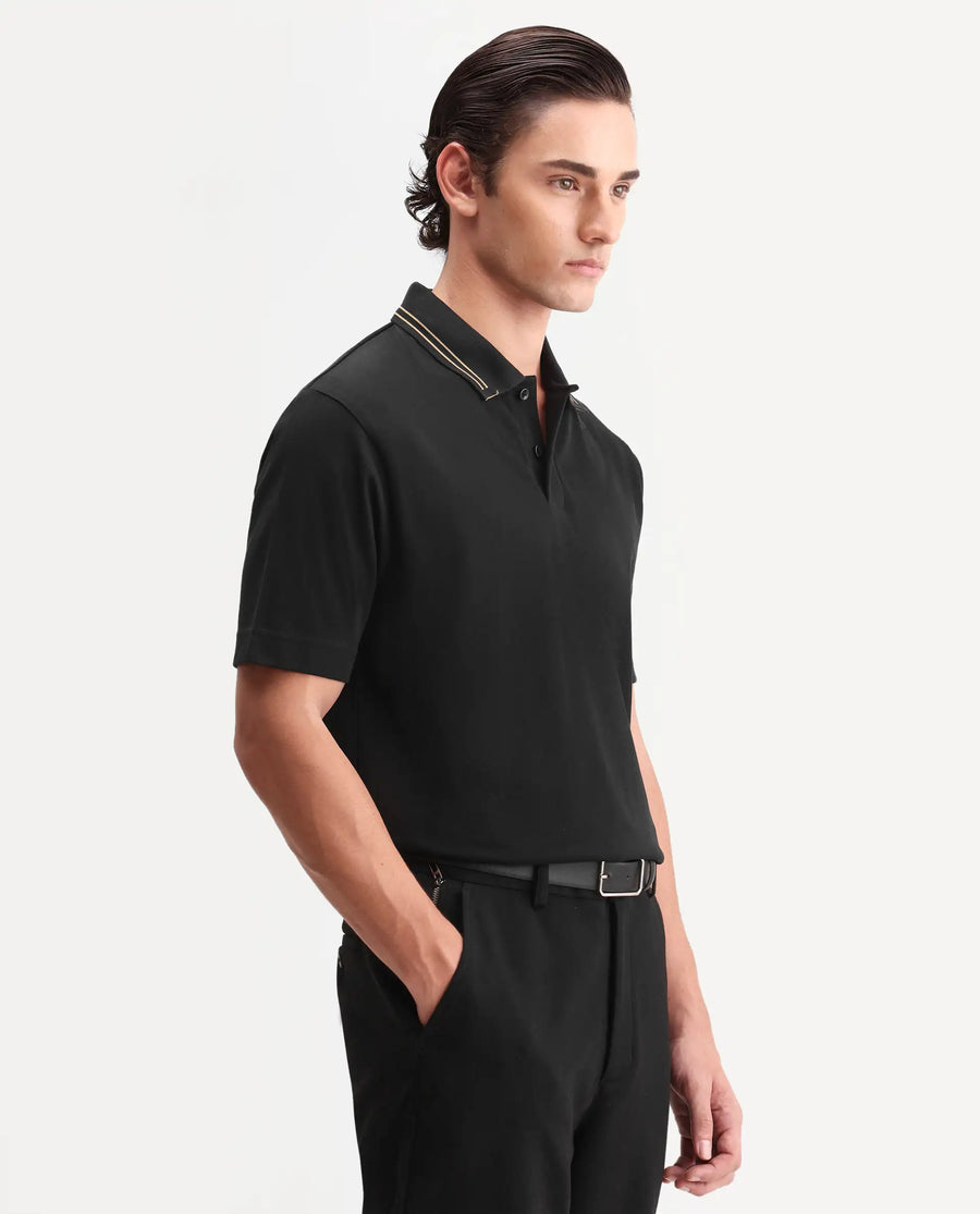 Rare Rabbit Men's Zirn Black Cotton Fabric Half Sleeve Spread Collar Regular Fit Plain Polo