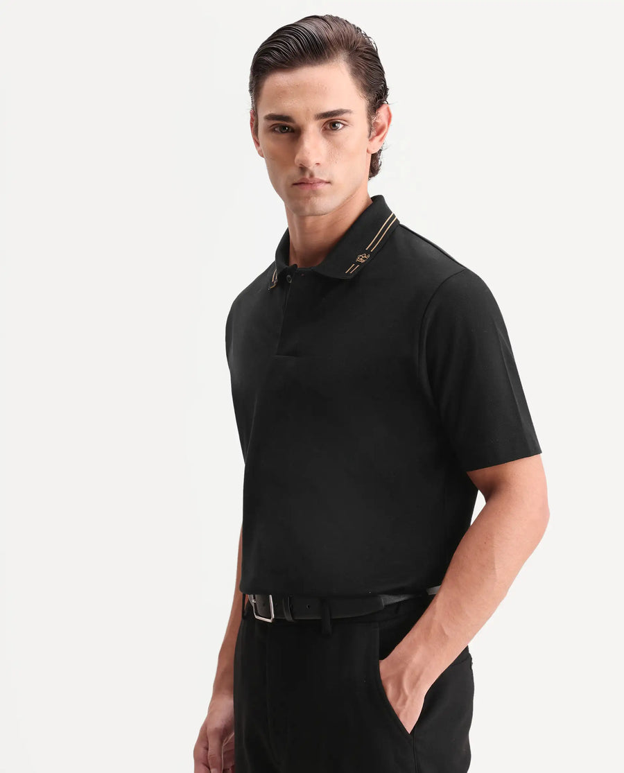 Rare Rabbit Men's Zirn Black Cotton Fabric Half Sleeve Spread Collar Regular Fit Plain Polo