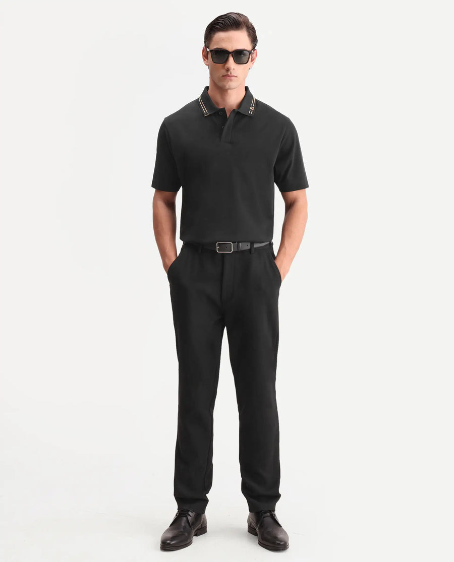 Rare Rabbit Men's Zirn Black Cotton Fabric Half Sleeve Spread Collar Regular Fit Plain Polo