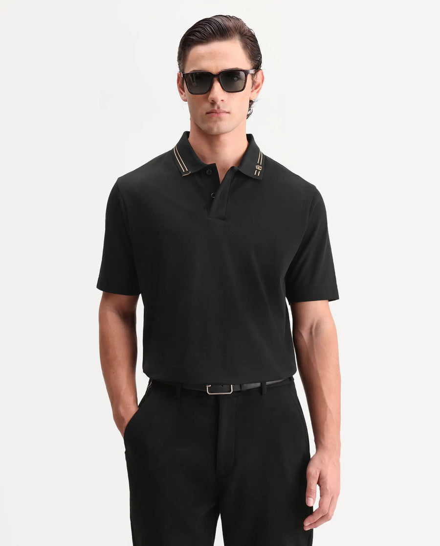 Rare Rabbit Men's Zirn Black Cotton Fabric Half Sleeve Spread Collar Regular Fit Plain Polo