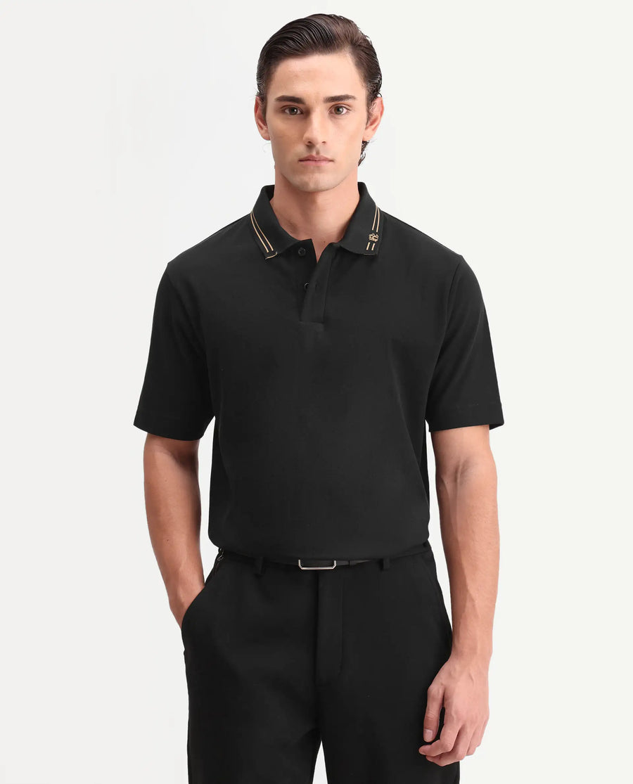 Rare Rabbit Men's Zirn Black Cotton Fabric Half Sleeve Spread Collar Regular Fit Plain Polo