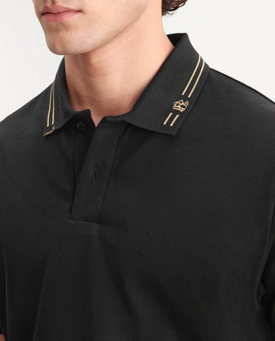 Rare Rabbit Men's Zirn Black Cotton Fabric Half Sleeve Spread Collar Regular Fit Plain Polo