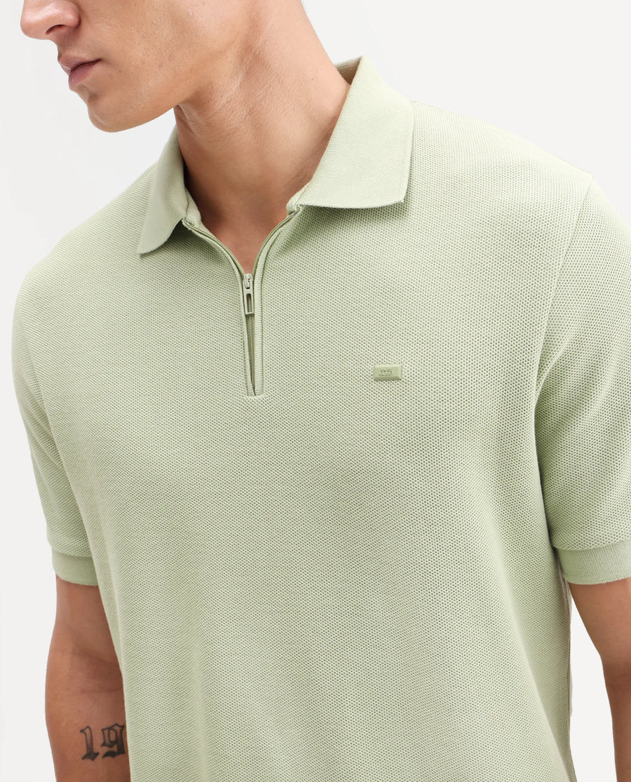 Rare Rabbit Men's Zaron Pastel Green Cotton Fabric Half Sleeve Spread Collar Regular Fit Plain Polo