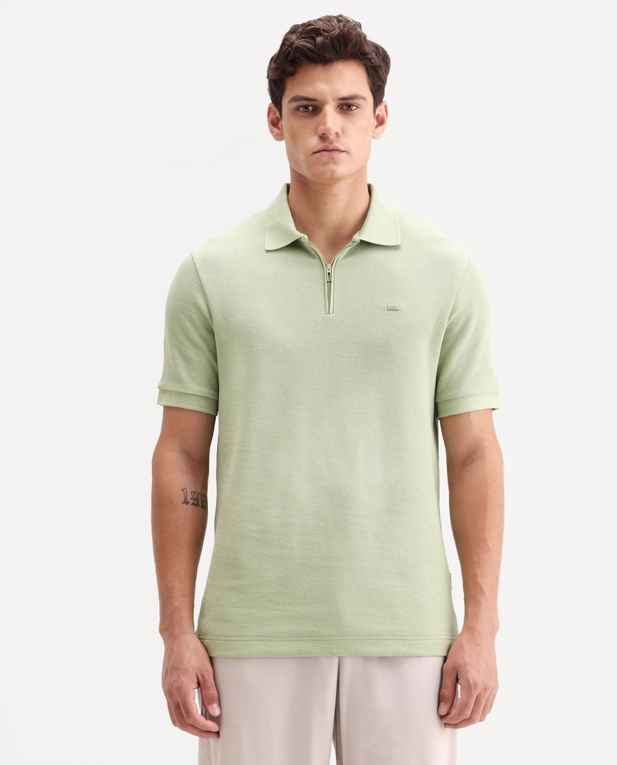 Rare Rabbit Men's Zaron Pastel Green Cotton Fabric Half Sleeve Spread Collar Regular Fit Plain Polo