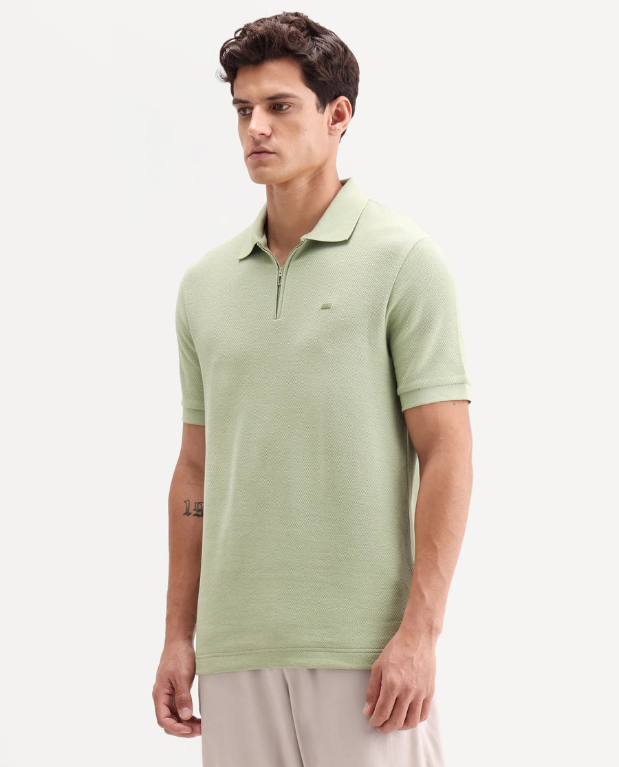 Rare Rabbit Men's Zaron Pastel Green Cotton Fabric Half Sleeve Spread Collar Regular Fit Plain Polo