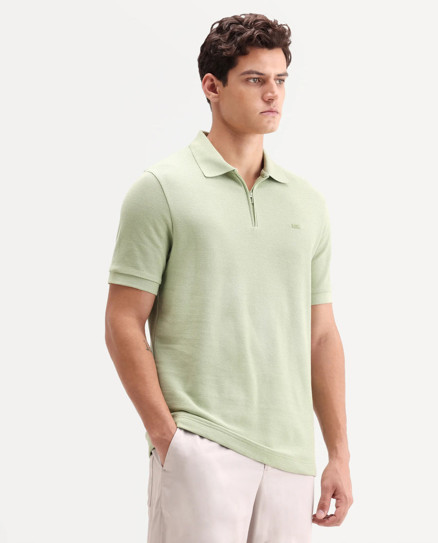 Rare Rabbit Men's Zaron Pastel Green Cotton Fabric Half Sleeve Spread Collar Regular Fit Plain Polo