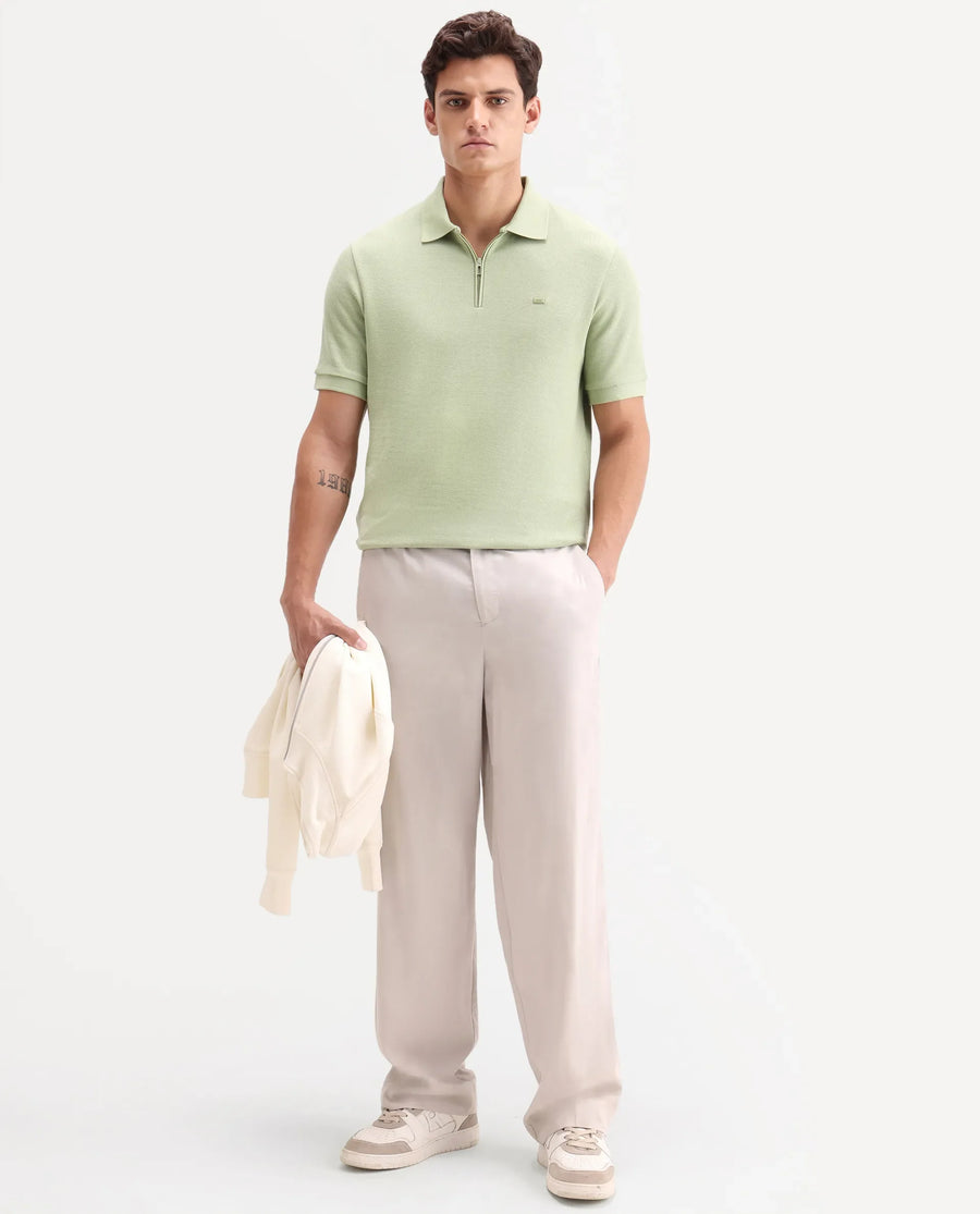 Rare Rabbit Men's Zaron Pastel Green Cotton Fabric Half Sleeve Spread Collar Regular Fit Plain Polo