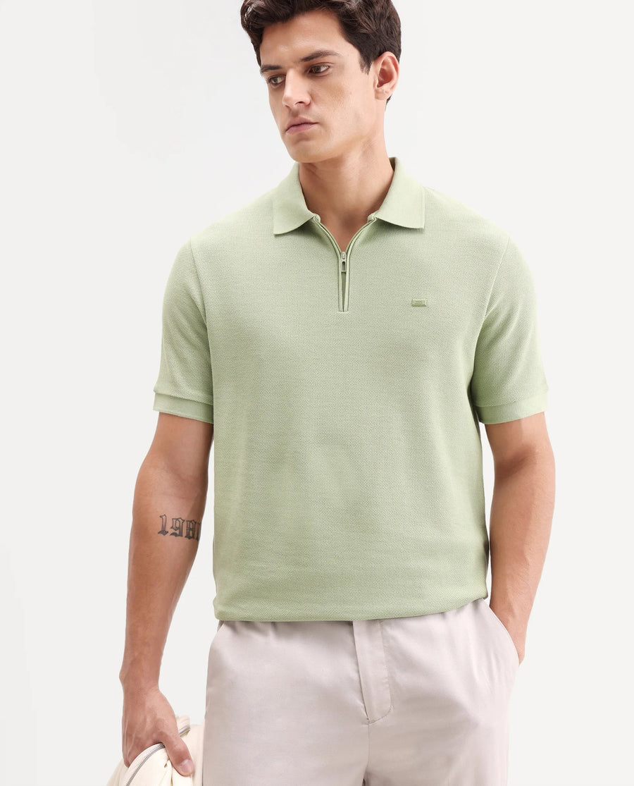 Rare Rabbit Men's Zaron Pastel Green Cotton Fabric Half Sleeve Spread Collar Regular Fit Plain Polo