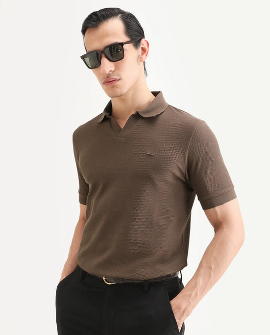 Rare Rabbit Men's Zego Dusky Brown Cotton Blend Fabric Half Sleeve Jonny Collar Regular Fit Plain Polo