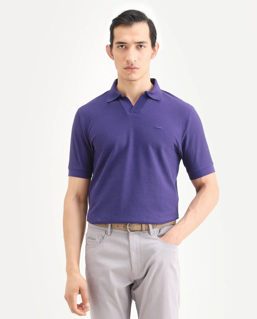 Rare Rabbit Men's Zego Flouroscent Purple Cotton Blend Fabric Half Sleeve Jonny Collar Regular Fit Plain Polo