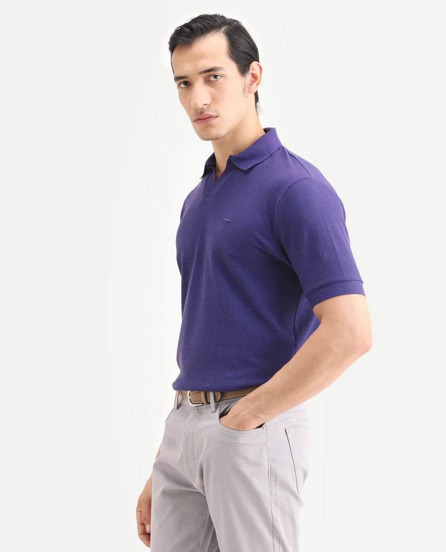 Rare Rabbit Men's Zego Flouroscent Purple Cotton Blend Fabric Half Sleeve Jonny Collar Regular Fit Plain Polo