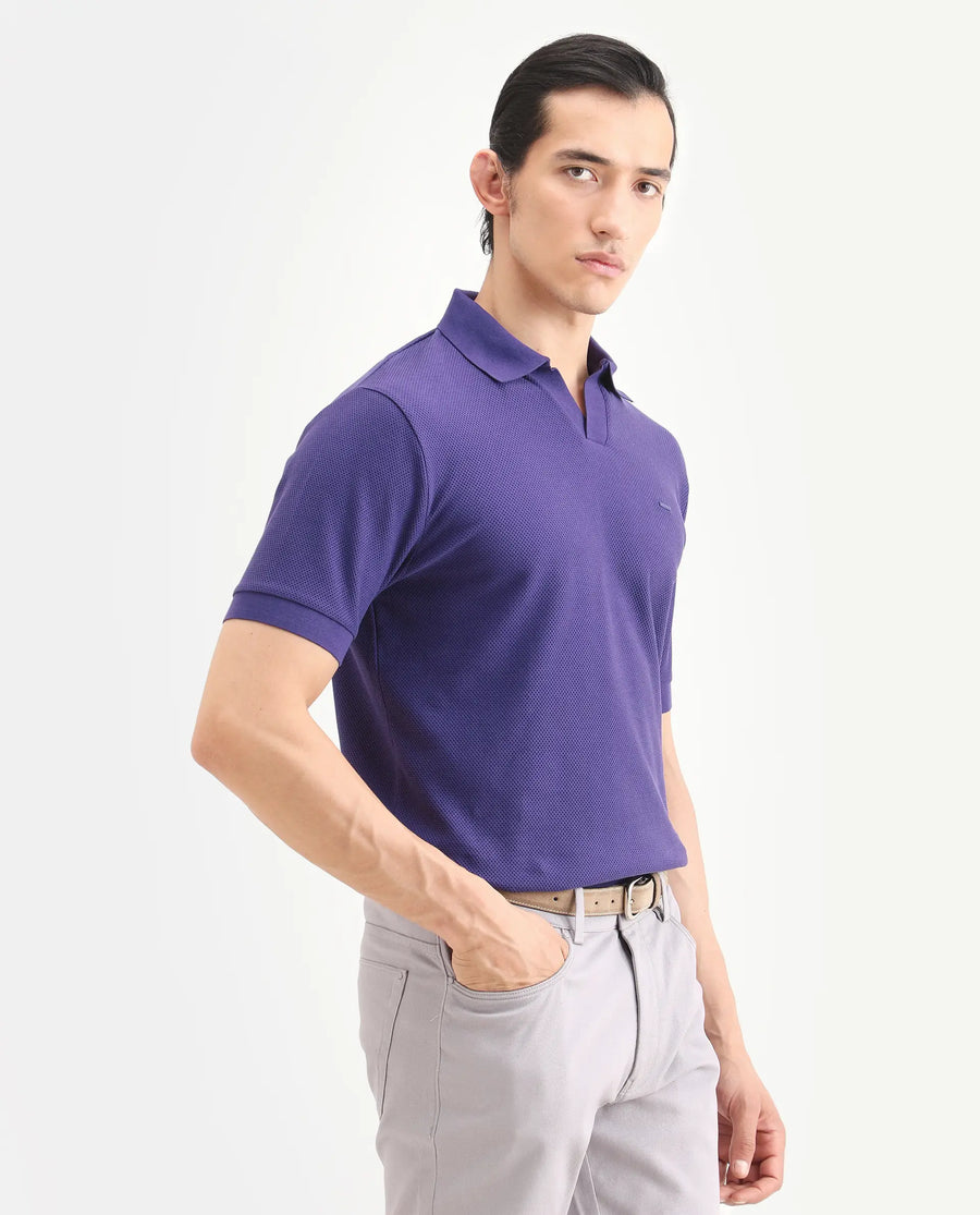 Rare Rabbit Men's Zego Flouroscent Purple Cotton Blend Fabric Half Sleeve Jonny Collar Regular Fit Plain Polo