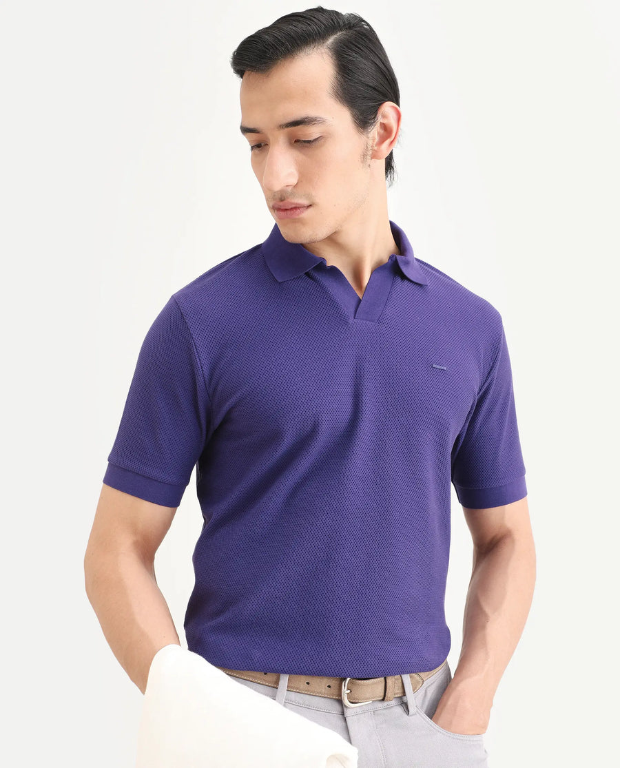 Rare Rabbit Men's Zego Flouroscent Purple Cotton Blend Fabric Half Sleeve Jonny Collar Regular Fit Plain Polo