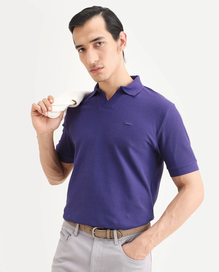 Rare Rabbit Men's Zego Flouroscent Purple Cotton Blend Fabric Half Sleeve Jonny Collar Regular Fit Plain Polo