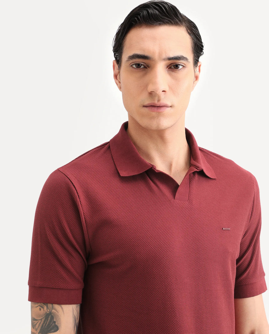 Rare Rabbit Men's Zego Red Cotton Blend Fabric Half Sleeve Jonny Collar Regular Fit Plain Polo