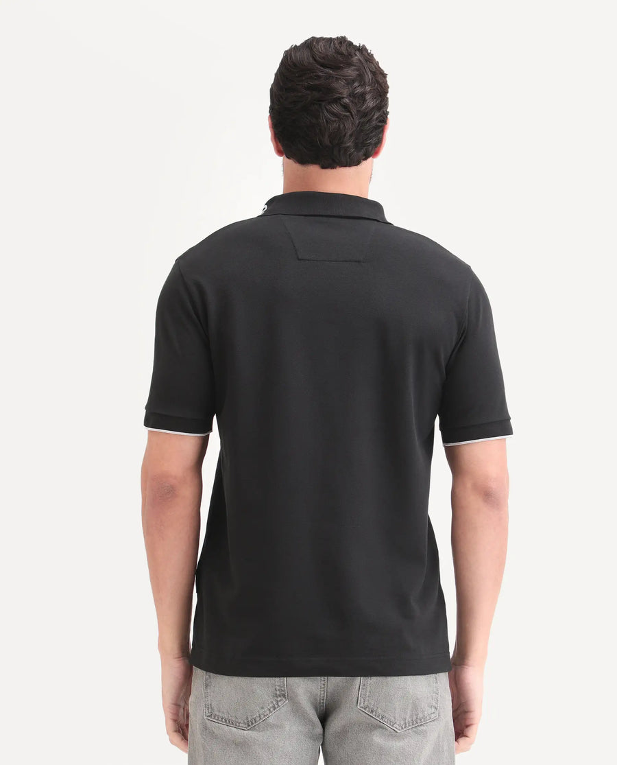 Rare Rabbit Men's Limo-S26 Black Cotton Blend Fabric Half Sleeve Spread Collar Regular Fit Plain Polo