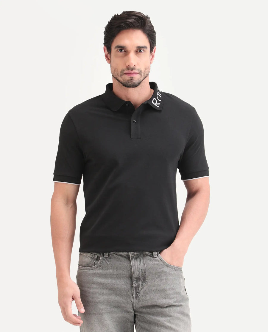 Rare Rabbit Men's Limo-S26 Black Cotton Blend Fabric Half Sleeve Spread Collar Regular Fit Plain Polo