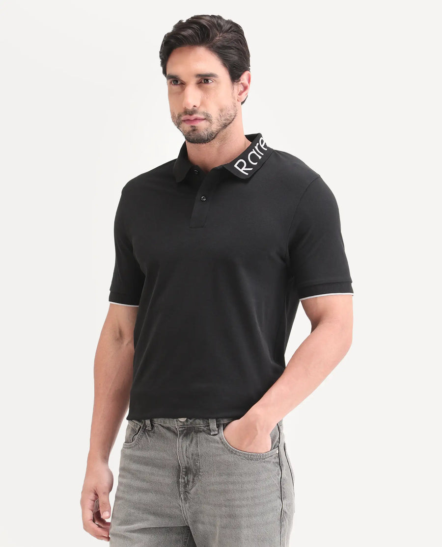 Rare Rabbit Men's Limo-S26 Black Cotton Blend Fabric Half Sleeve Spread Collar Regular Fit Plain Polo