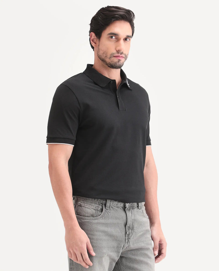 Rare Rabbit Men's Limo-S26 Black Cotton Blend Fabric Half Sleeve Spread Collar Regular Fit Plain Polo