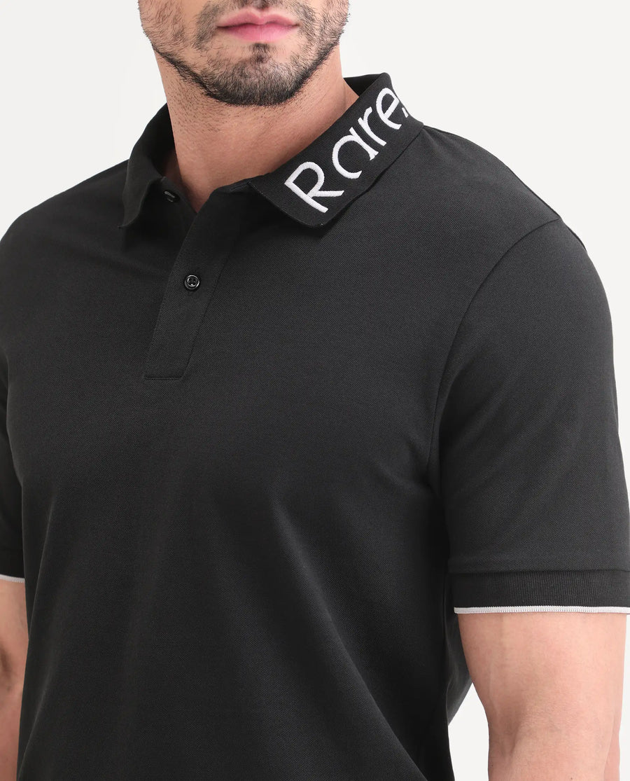 Rare Rabbit Men's Limo-S26 Black Cotton Blend Fabric Half Sleeve Spread Collar Regular Fit Plain Polo