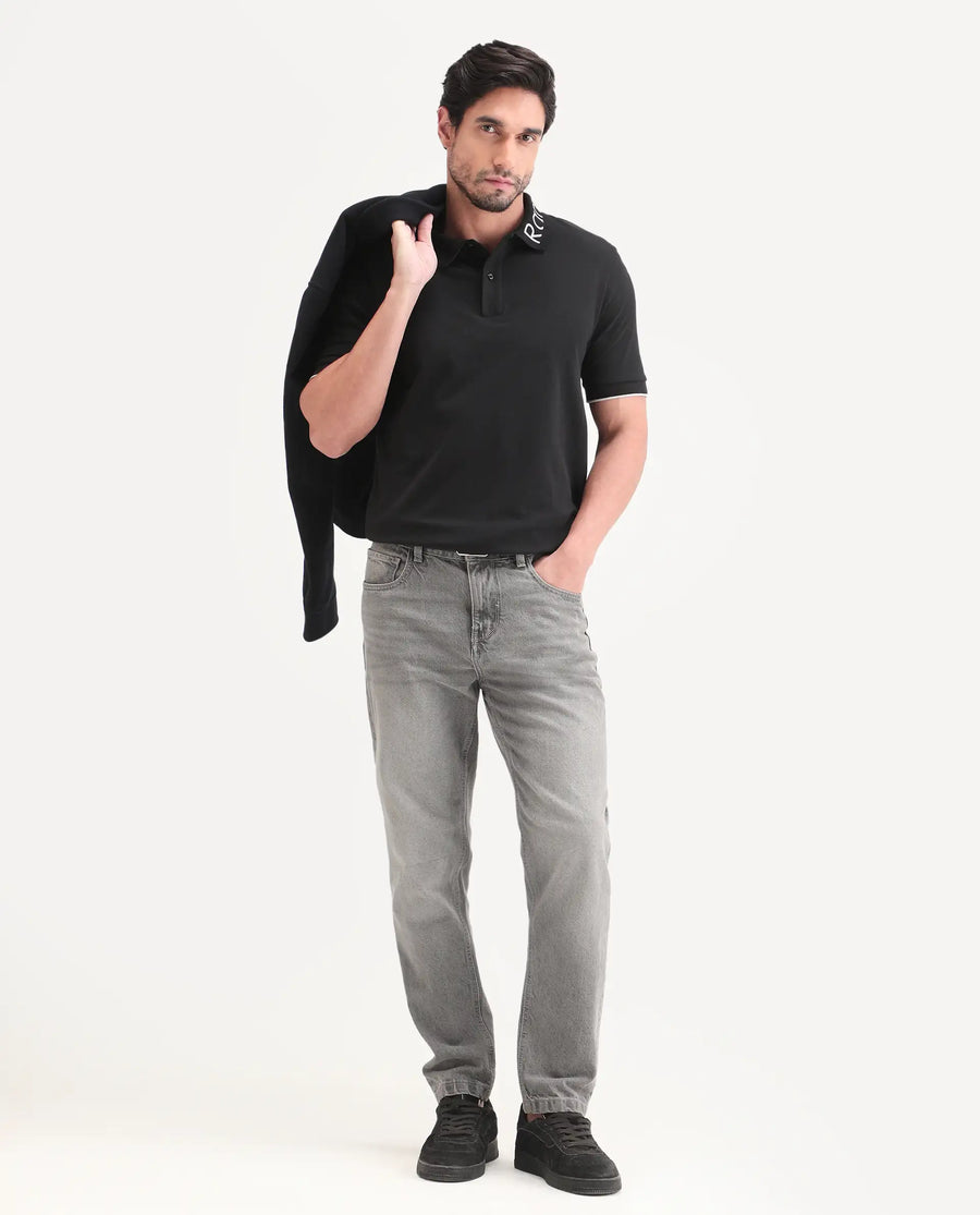 Rare Rabbit Men's Limo-S26 Black Cotton Blend Fabric Half Sleeve Spread Collar Regular Fit Plain Polo