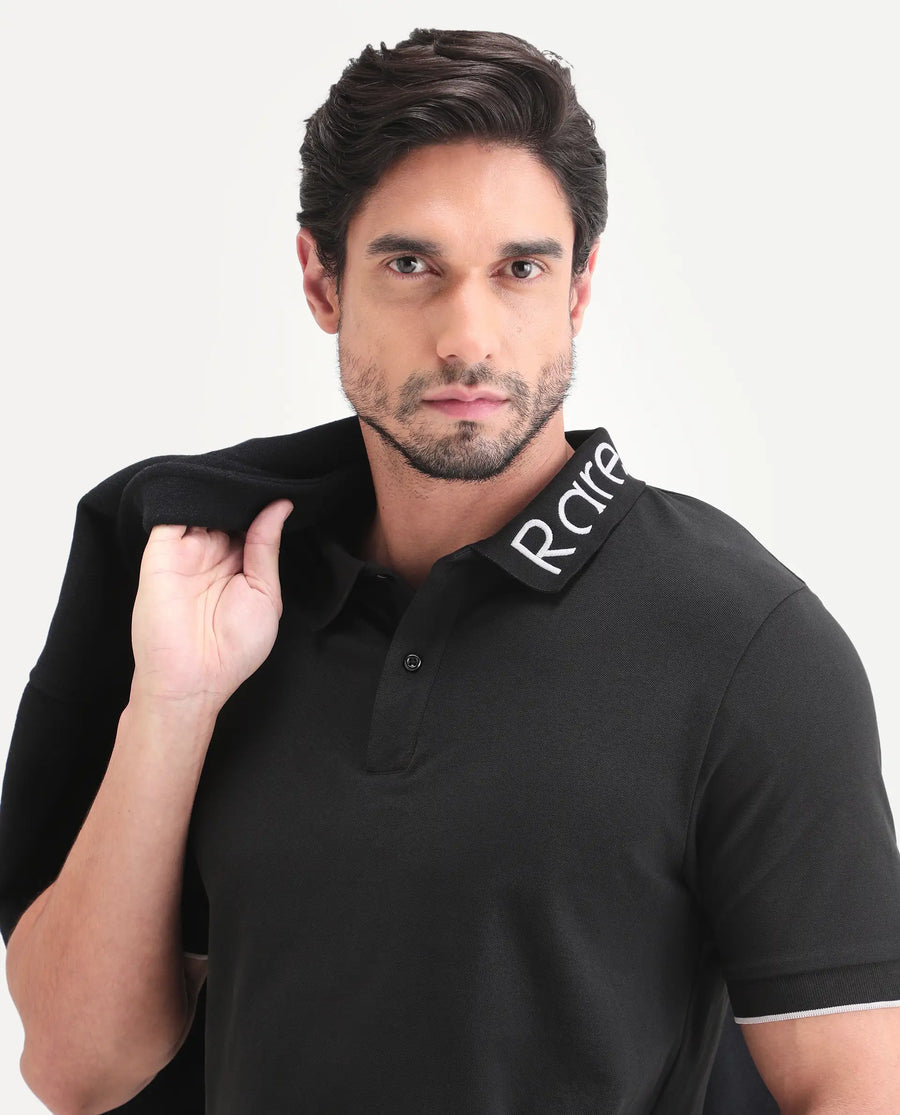 Rare Rabbit Men's Limo-S26 Black Cotton Blend Fabric Half Sleeve Spread Collar Regular Fit Plain Polo