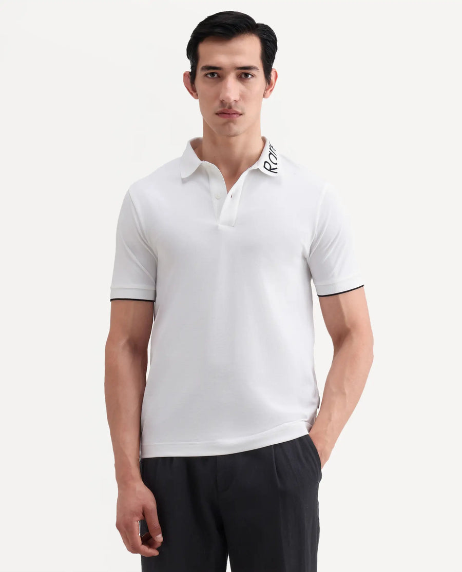 Rare Rabbit Men's Limo-S26 White Cotton Blend Fabric Half Sleeve Spread Collar Regular Fit Plain Polo