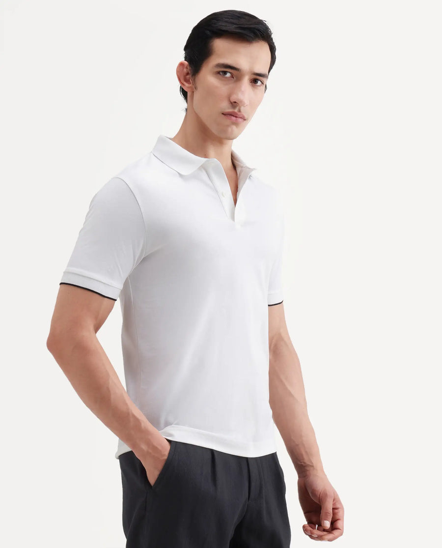 Rare Rabbit Men's Limo-S26 White Cotton Blend Fabric Half Sleeve Spread Collar Regular Fit Plain Polo