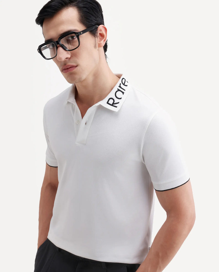 Rare Rabbit Men's Limo-S26 White Cotton Blend Fabric Half Sleeve Spread Collar Regular Fit Plain Polo