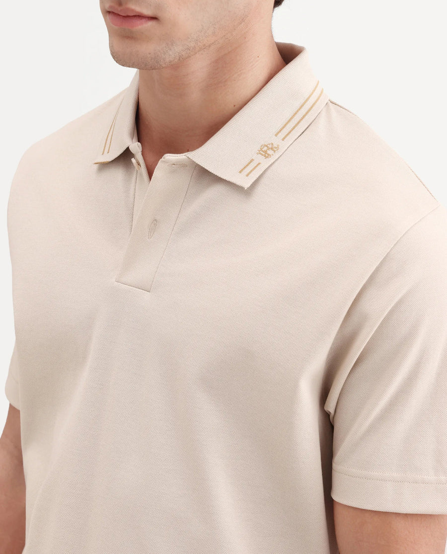 Rare Rabbit Men's Zirn Light Beige Cotton Fabric Half Sleeve Spread Collar Regular Fit Plain Polo