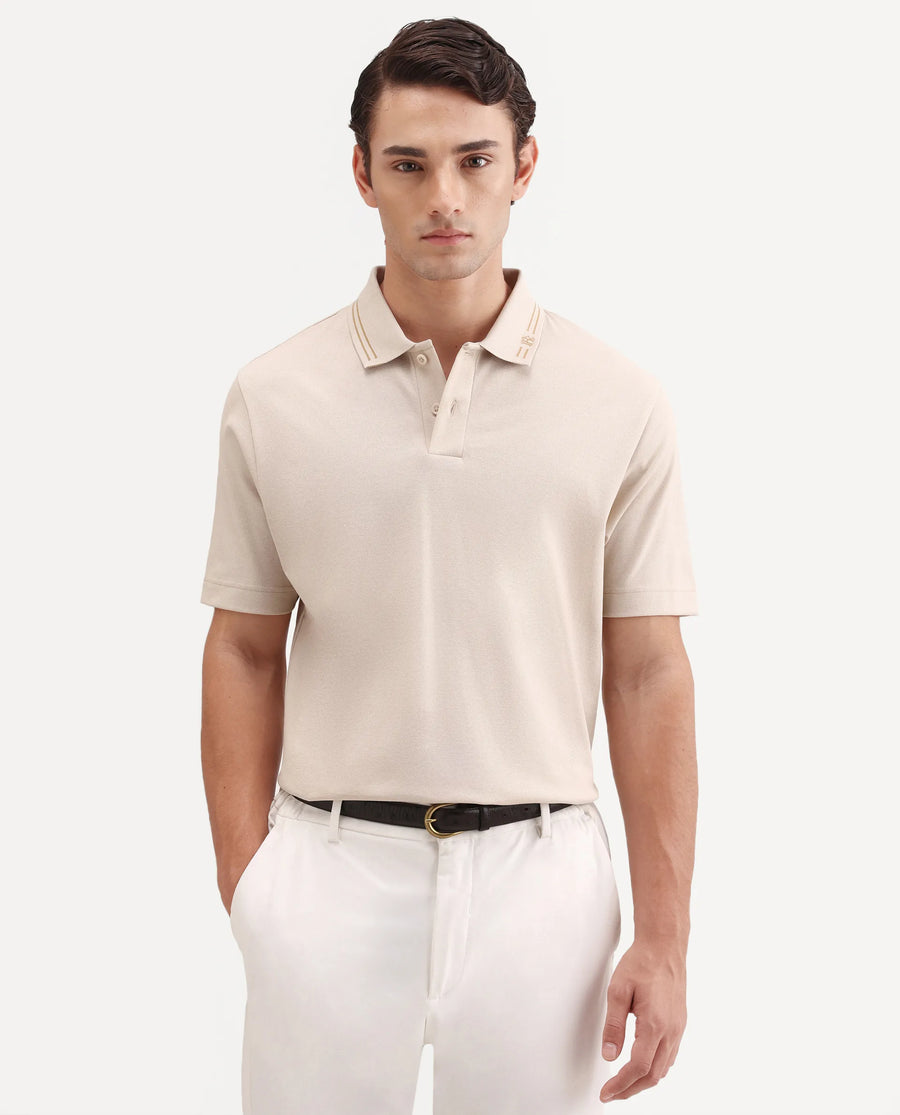 Rare Rabbit Men's Zirn Light Beige Cotton Fabric Half Sleeve Spread Collar Regular Fit Plain Polo