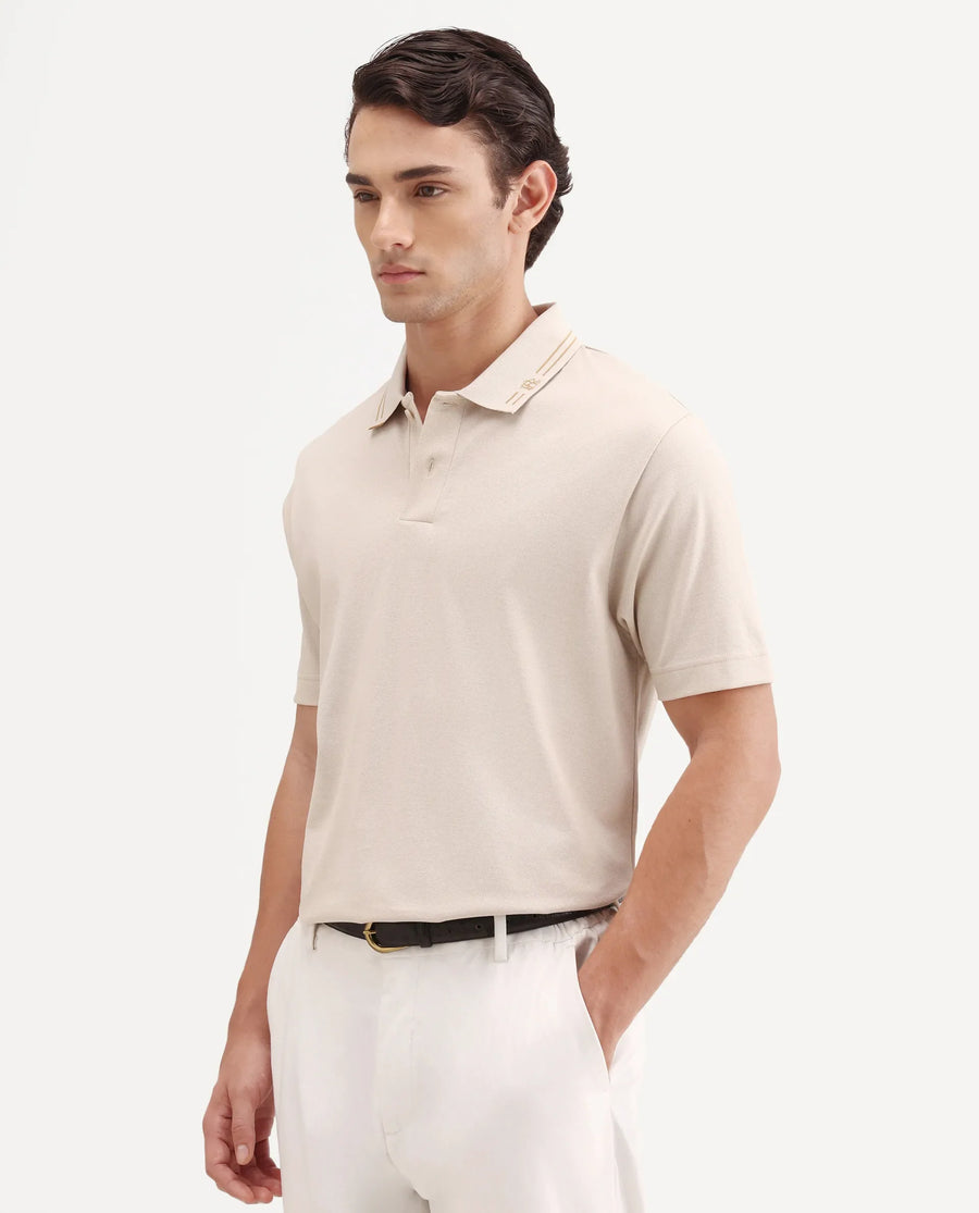 Rare Rabbit Men's Zirn Light Beige Cotton Fabric Half Sleeve Spread Collar Regular Fit Plain Polo