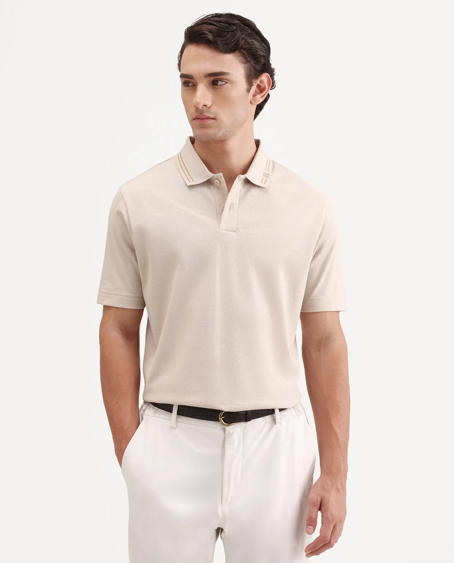 Rare Rabbit Men's Zirn Light Beige Cotton Fabric Half Sleeve Spread Collar Regular Fit Plain Polo