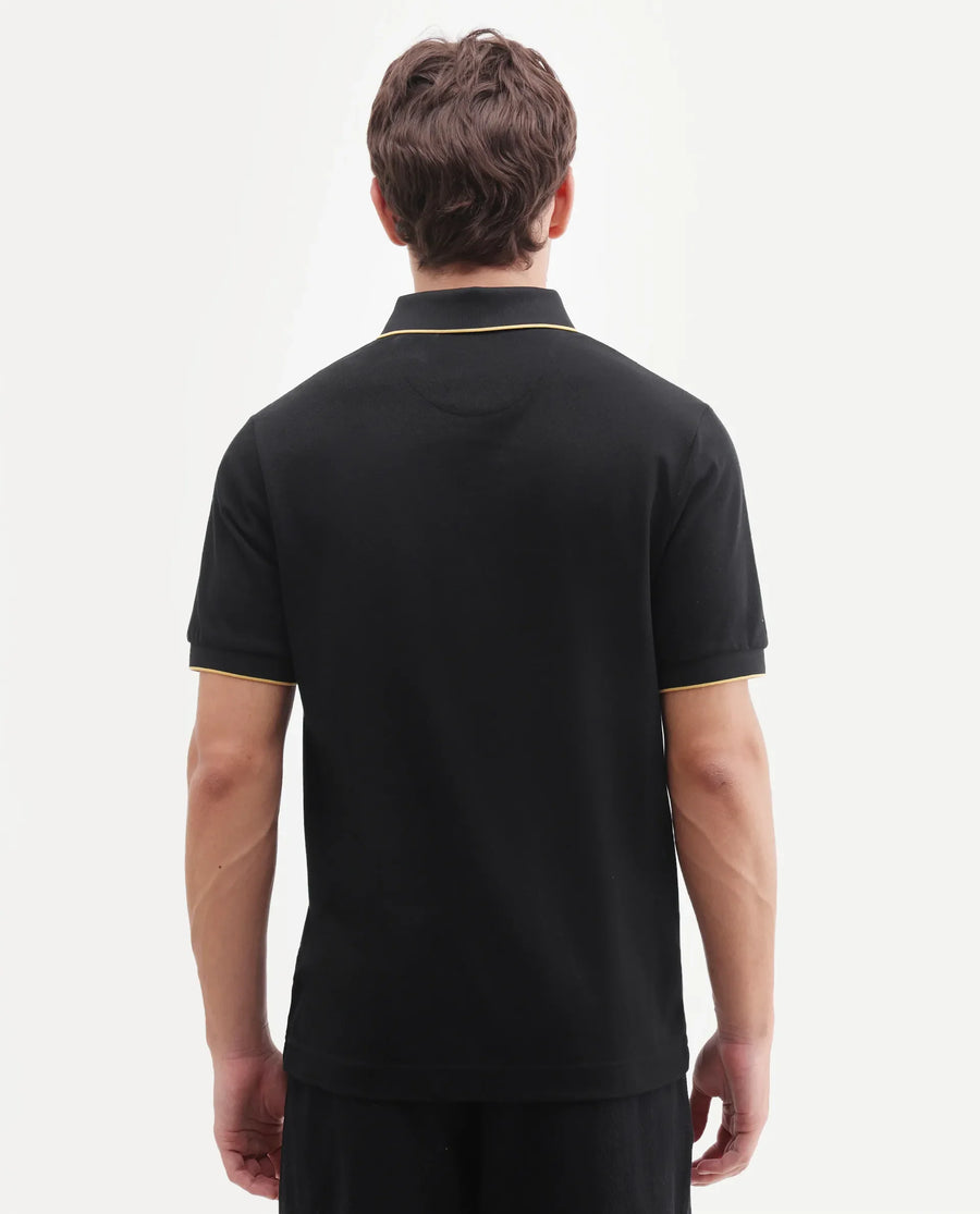 Rare Rabbit Men's Zirno Black Cotton Fabric Half Sleeve Spread Collar Regular Fit Plain Polo