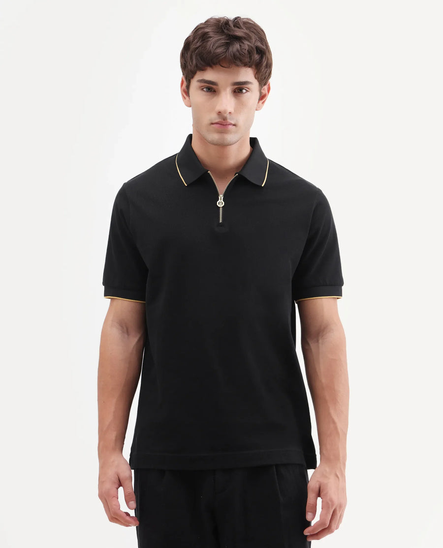 Rare Rabbit Men's Zirno Black Cotton Fabric Half Sleeve Spread Collar Regular Fit Plain Polo