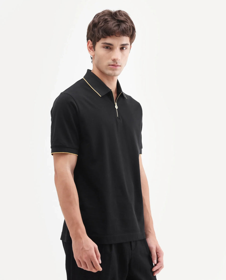 Rare Rabbit Men's Zirno Black Cotton Fabric Half Sleeve Spread Collar Regular Fit Plain Polo