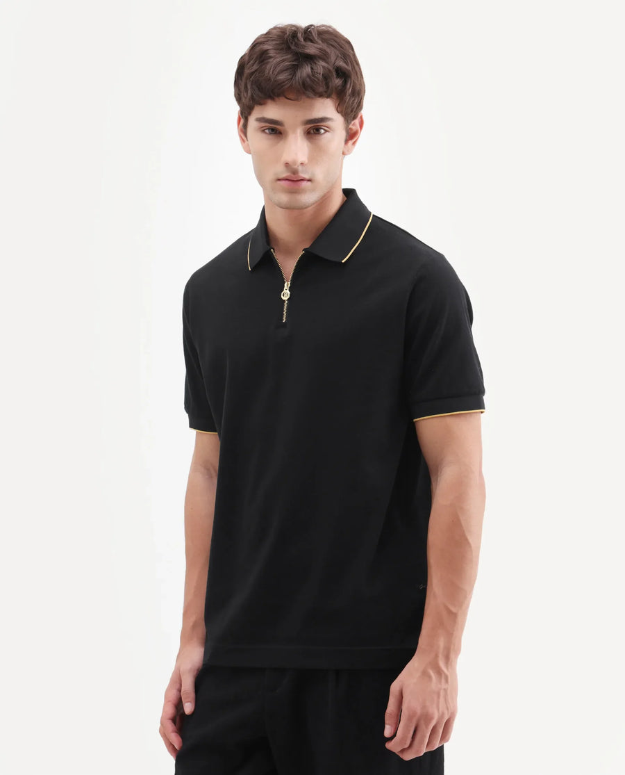 Rare Rabbit Men's Zirno Black Cotton Fabric Half Sleeve Spread Collar Regular Fit Plain Polo