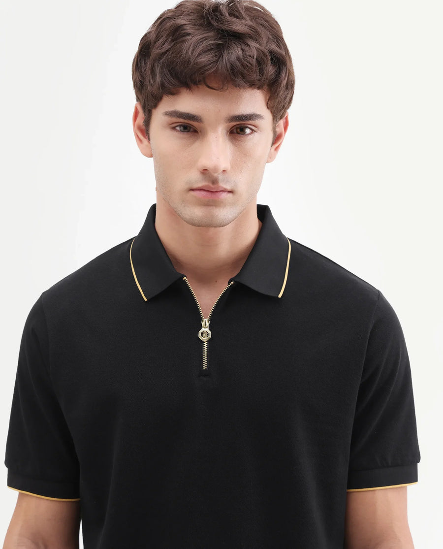 Rare Rabbit Men's Zirno Black Cotton Fabric Half Sleeve Spread Collar Regular Fit Plain Polo
